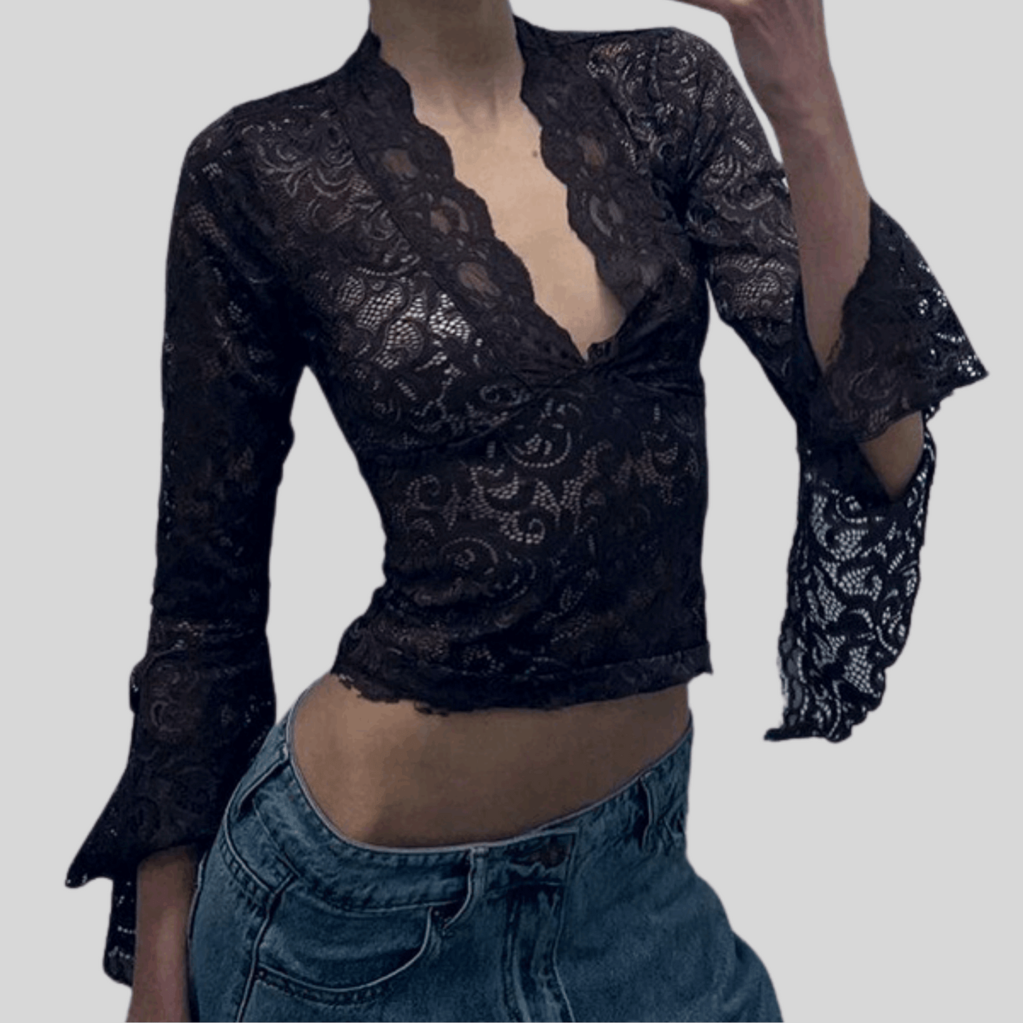 Long-Sleeve Lace Top with Deep V-Neck - Alzya
