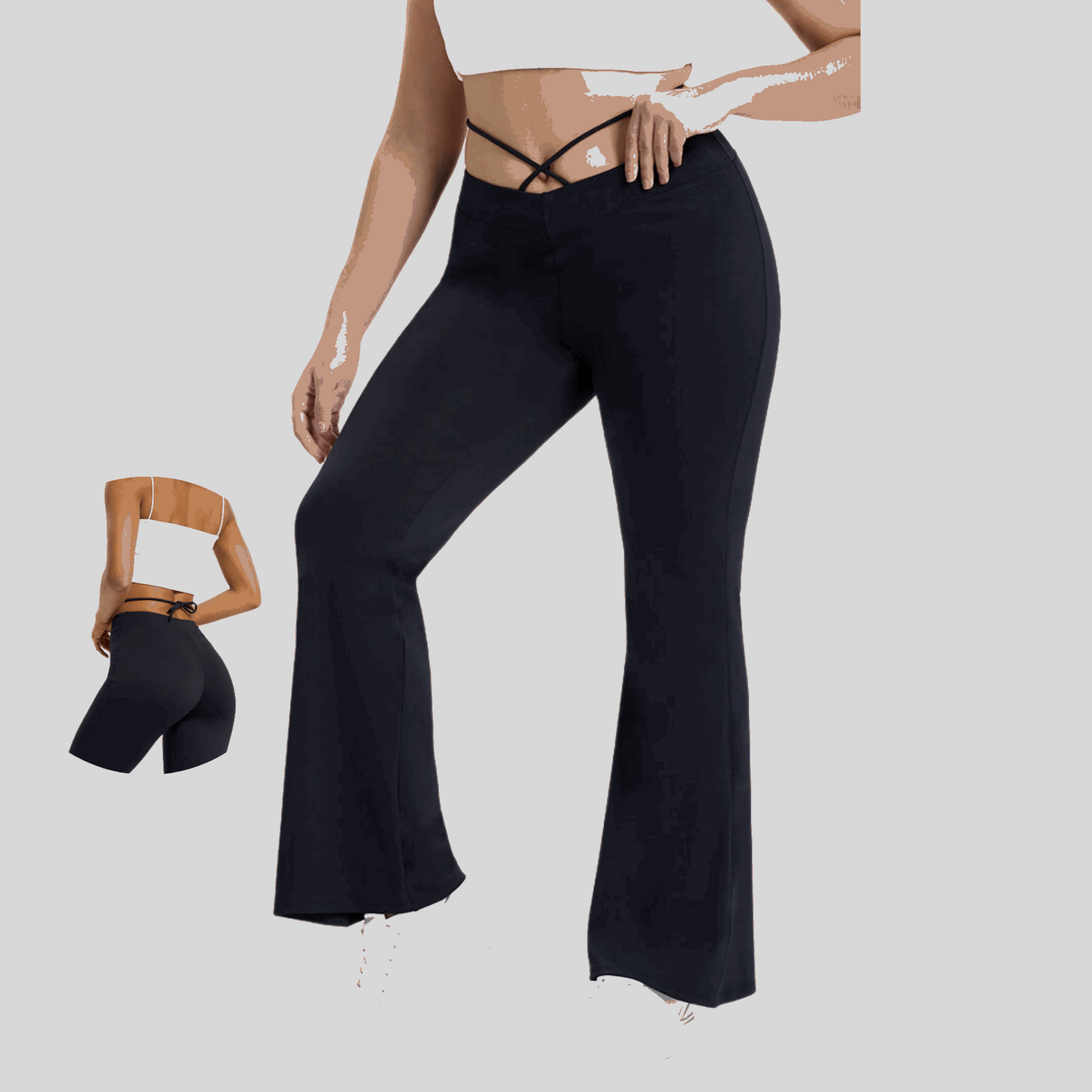 V Shaped Mid Rise Crisscross Tie Back Yoga Flare Leggings - Alzya