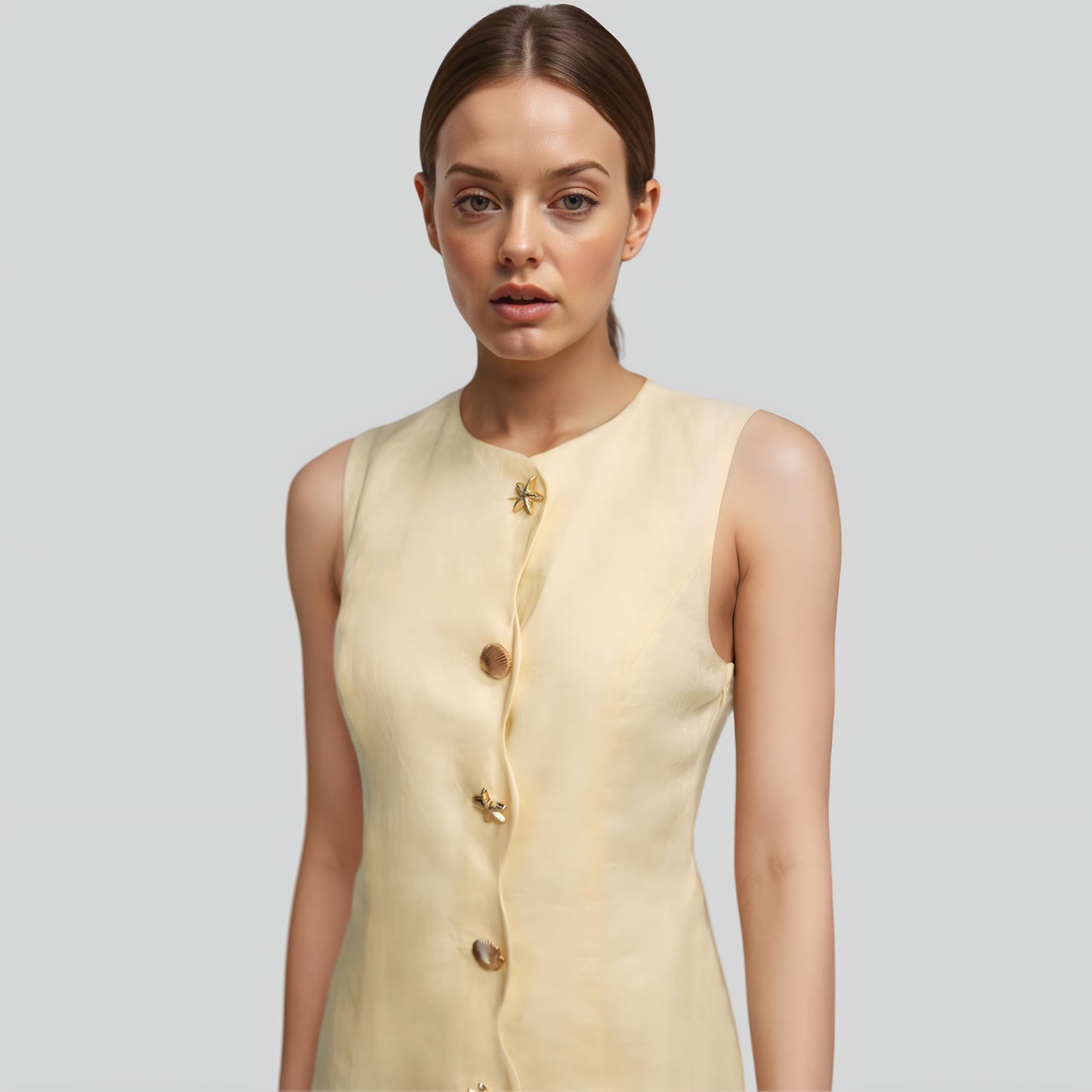 Alzya® Mini Dress in Yellow Linen – Starfish Buttons & Scalloped Hem