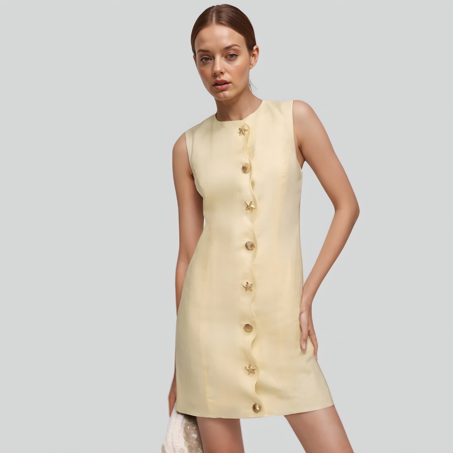 Alzya® Mini Dress in Yellow Linen – Starfish Buttons & Scalloped Hem