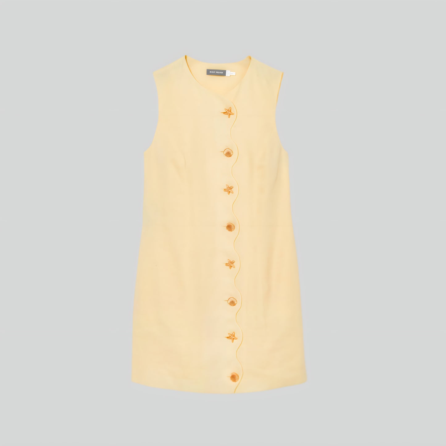 Alzya® Mini Dress in Yellow Linen – Starfish Buttons & Scalloped Hem