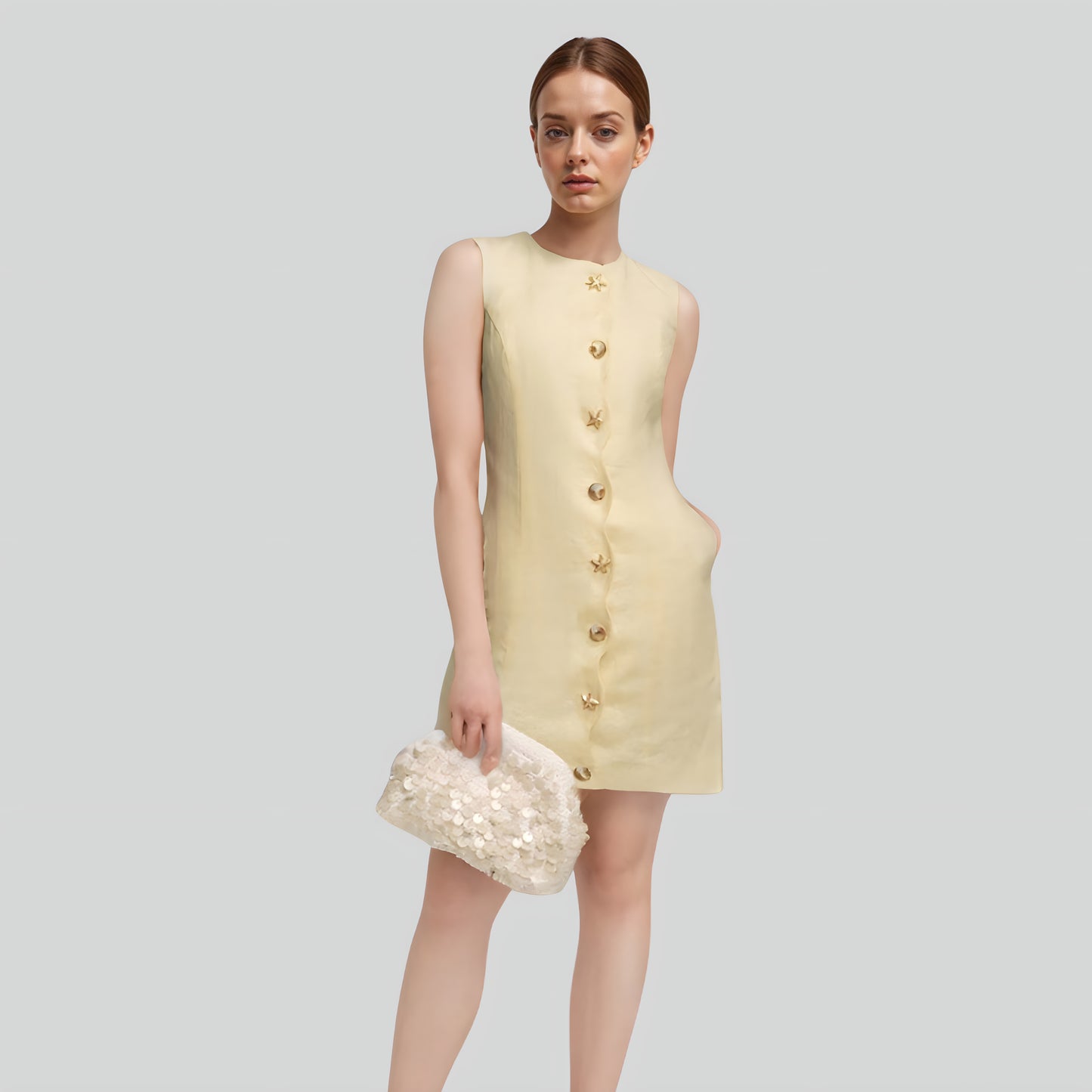 Alzya® Mini Dress in Yellow Linen – Starfish Buttons & Scalloped Hem