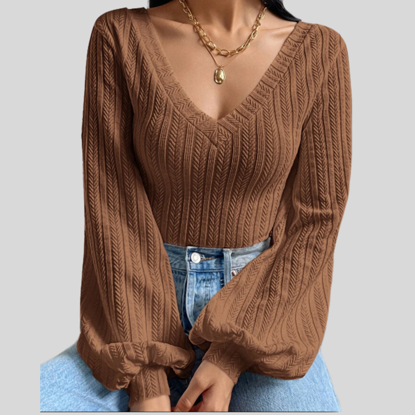 Slim Fit Knitted V-Neck Top with Puff Sleeves