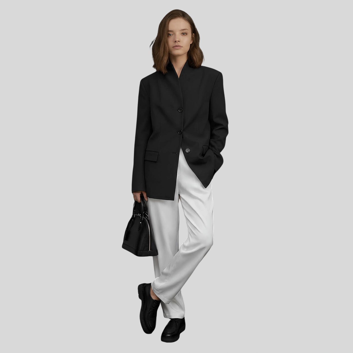 Alzya Black Oversized Blazer with High Collar White