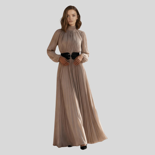 Elegant Pleated Maxi Dress_biege