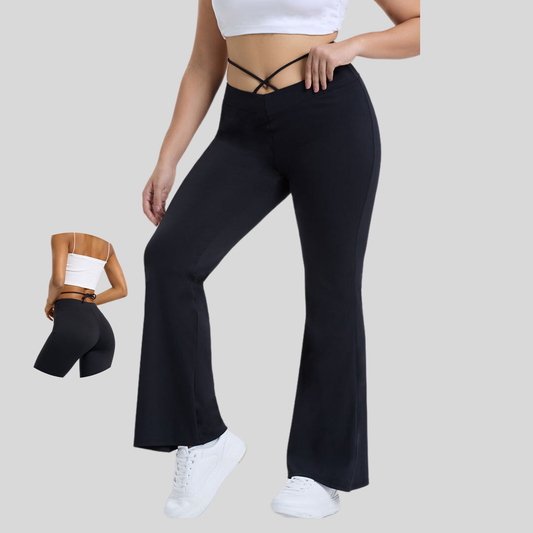 V Shaped Mid Rise Crisscross Tie Back Yoga Flare Leggings