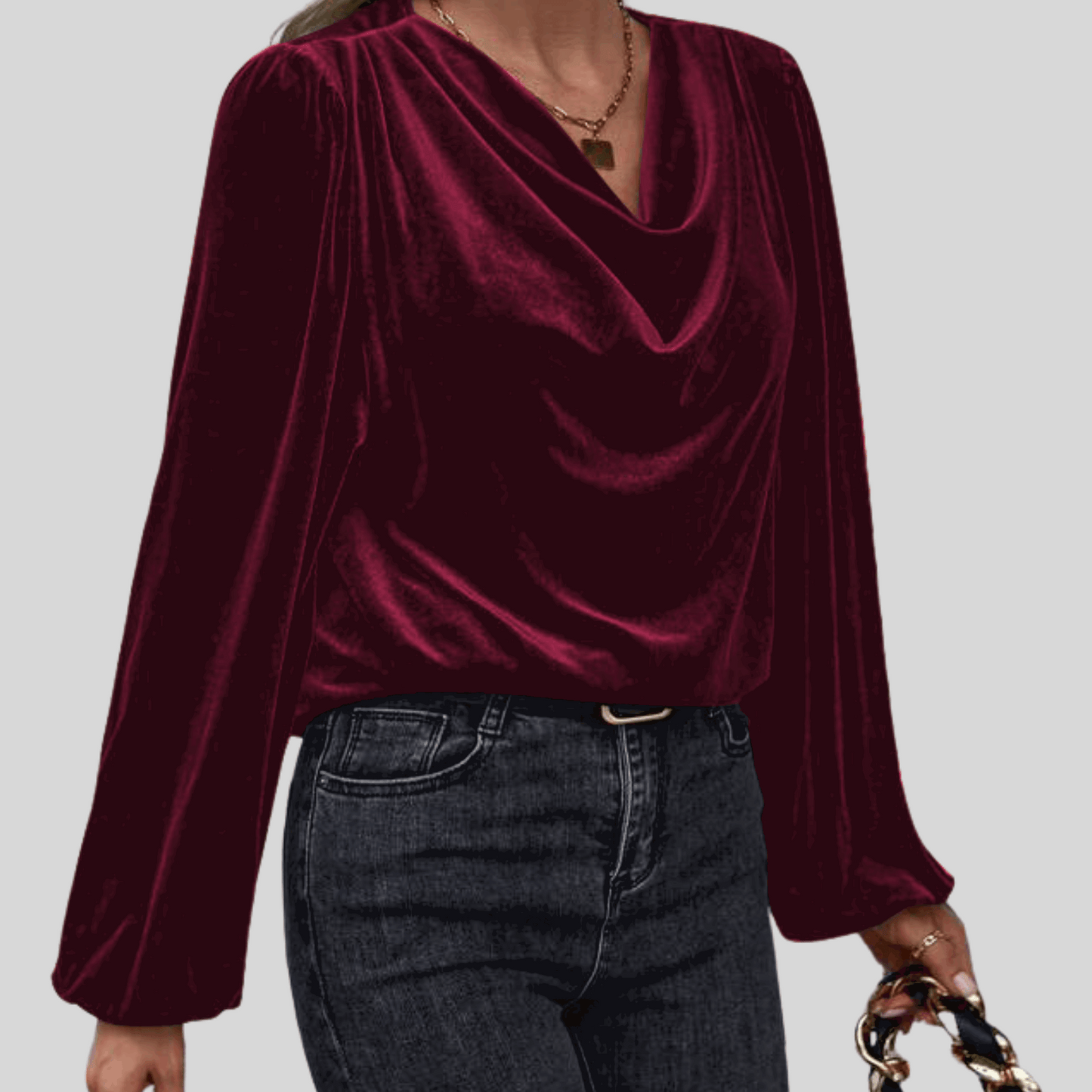 Golden Velvet Top with Draped Collar & Lantern Sleeves - Alzya