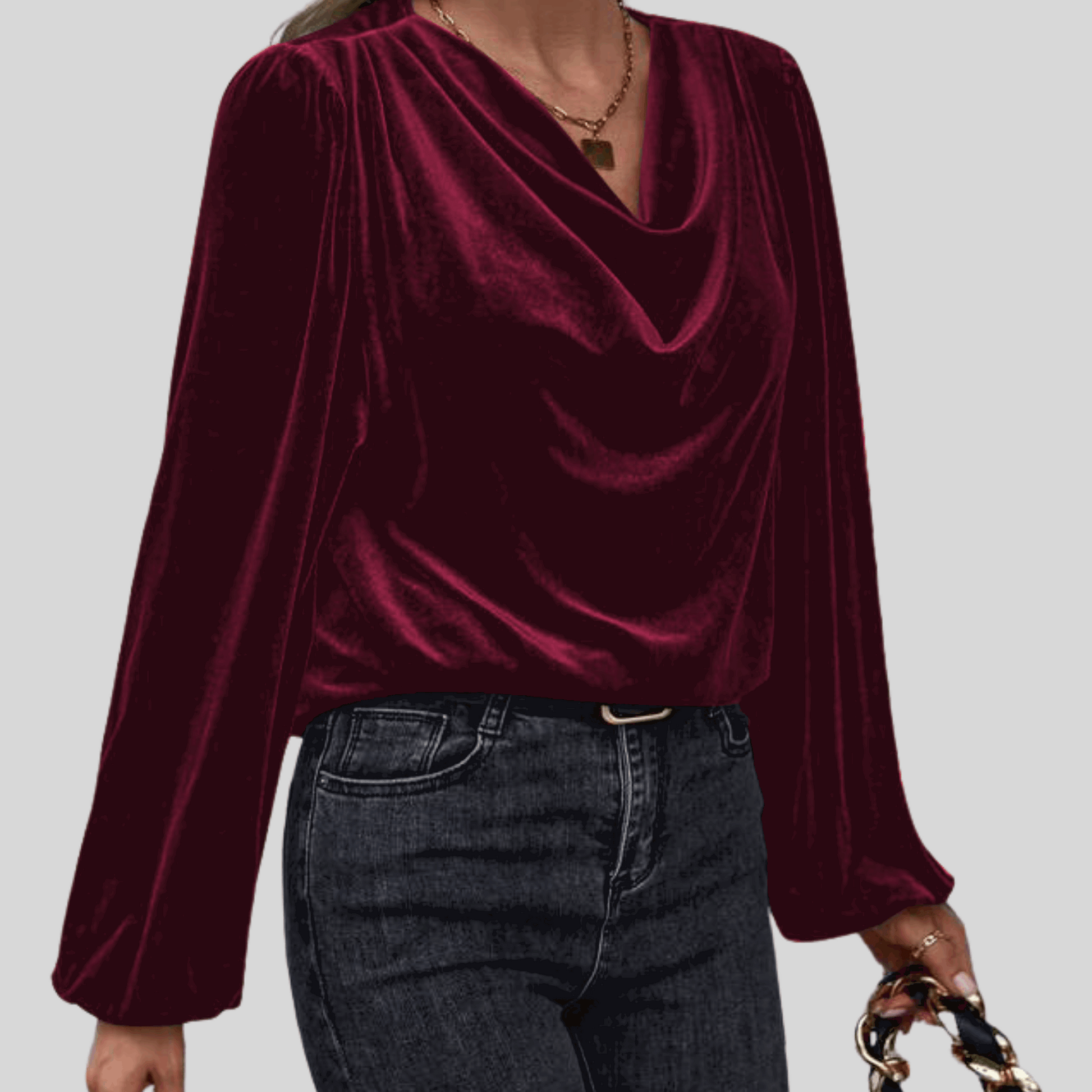 Golden Velvet Top with Draped Collar & Lantern Sleeves - Alzya