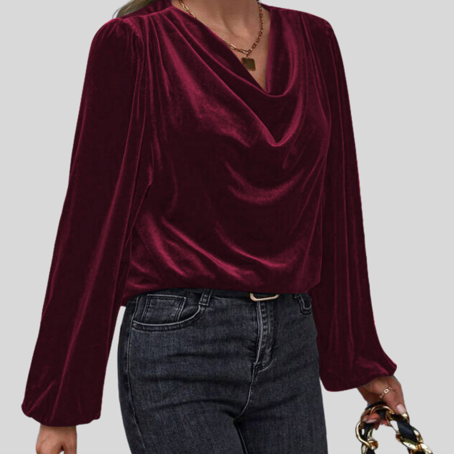 Golden Velvet Top with Draped Collar & Lantern Sleeves